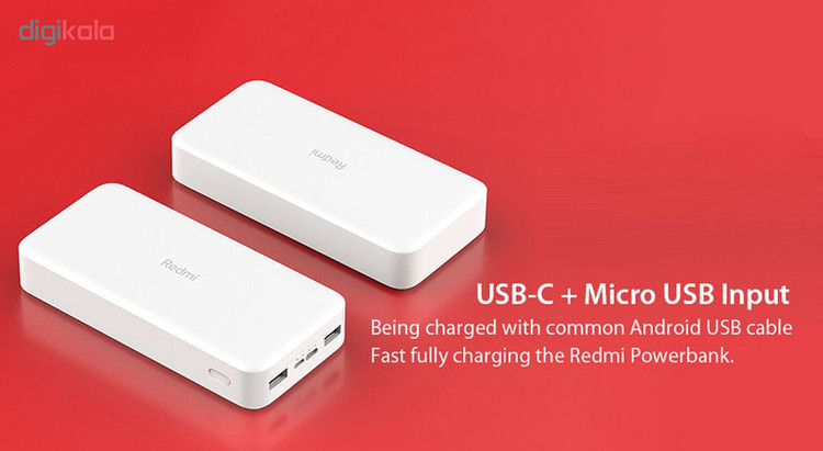 پاوربانک 18 وات شیائومی مدل Redmi ظرفیت 20000 میلی آمپرساعت به همراه کابل تبدیل microUSB