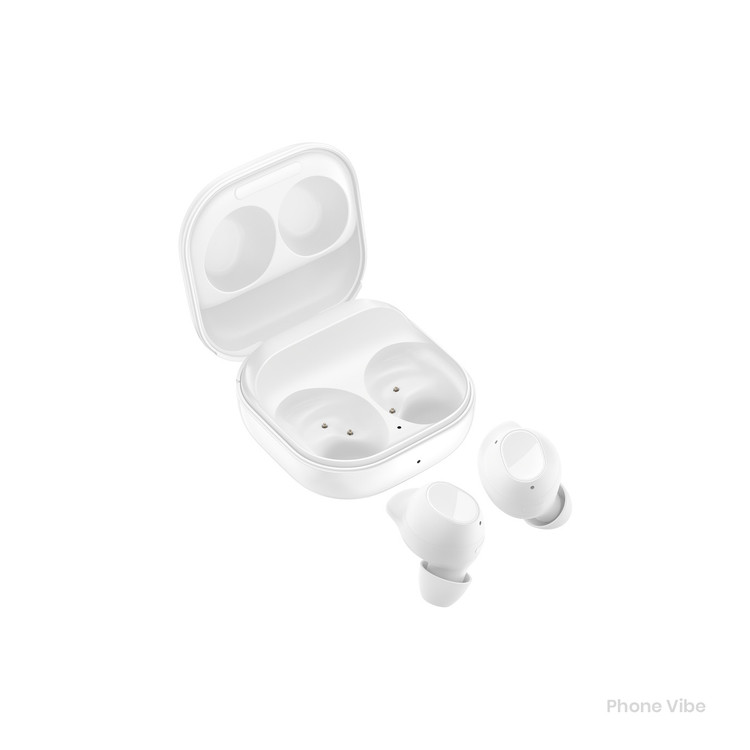 نمای سه رخ هندزفری سامسونگ Galaxy Buds FE با کیس باز رنگ سفید